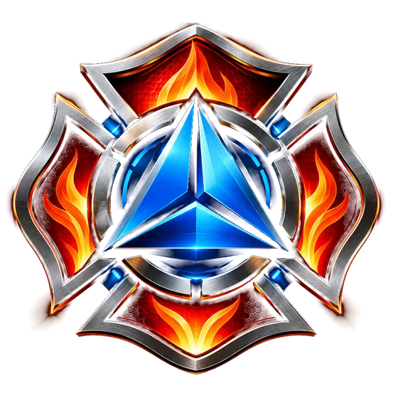 The Three Alarm Ventures emblem: a steel Maltese cross with flame accents around a blue tetrahedron